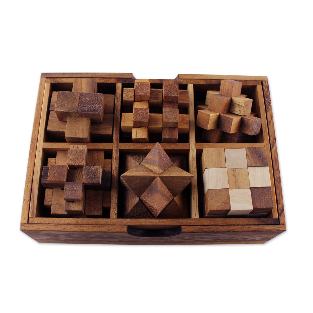 Handcrafted Set of Six Wooden Puzzles from Thailand - Puzzle Set