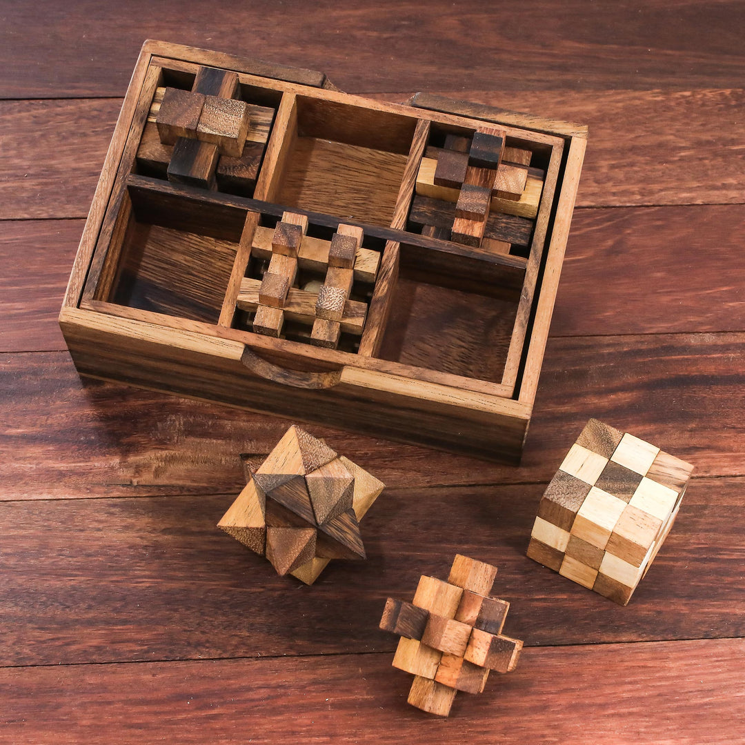 Handcrafted Set of Six Wooden Puzzles from Thailand - Puzzle Set