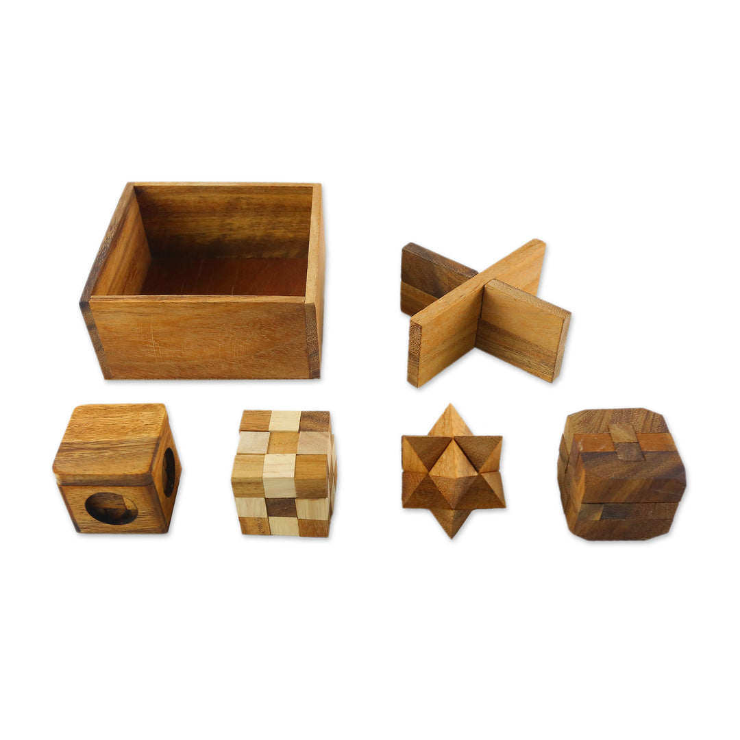 Handmade Set of Six Mini Wooden Puzzles from Thailand - Mini Puzzles