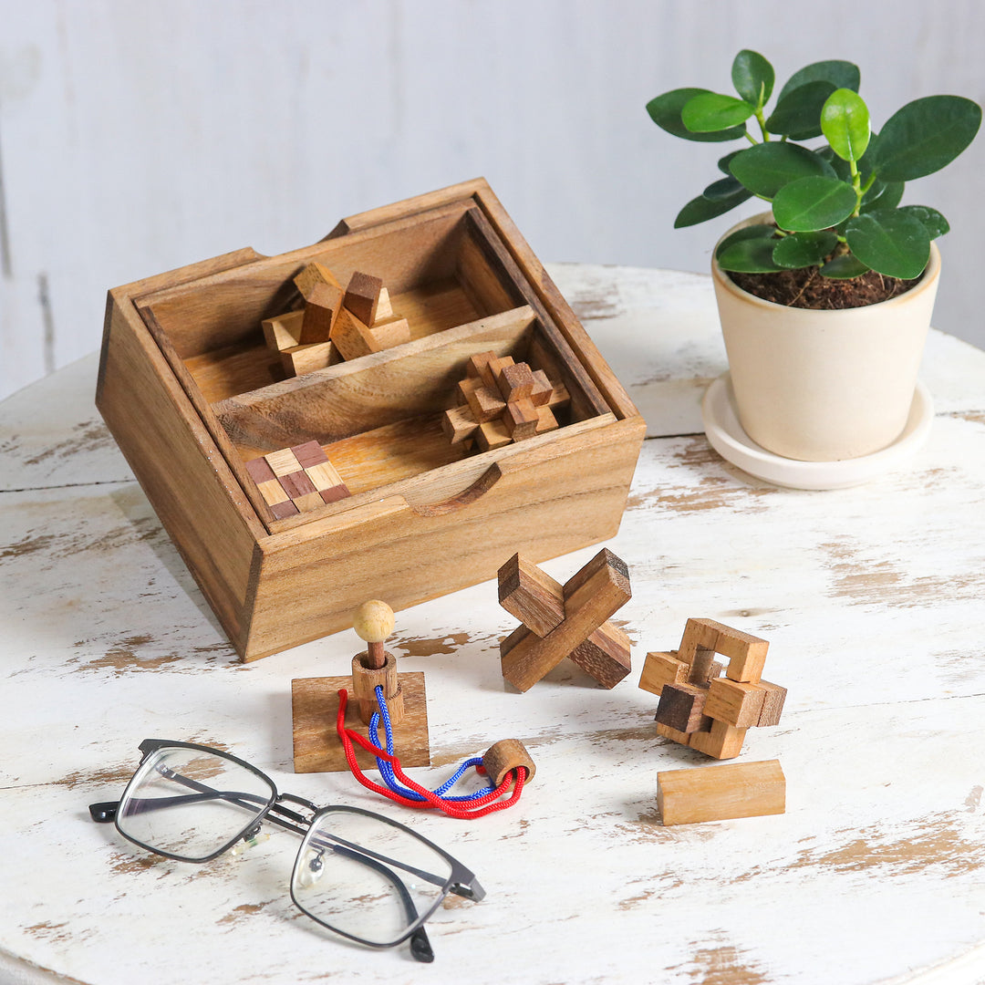 Handmade Set of Six Mini Wooden Puzzles from Thailand - Mini Puzzles