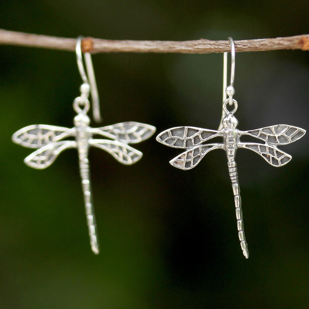 Dragonfly Sterling Silver Dangle Earrings from Thailand - Skyward Wanderers