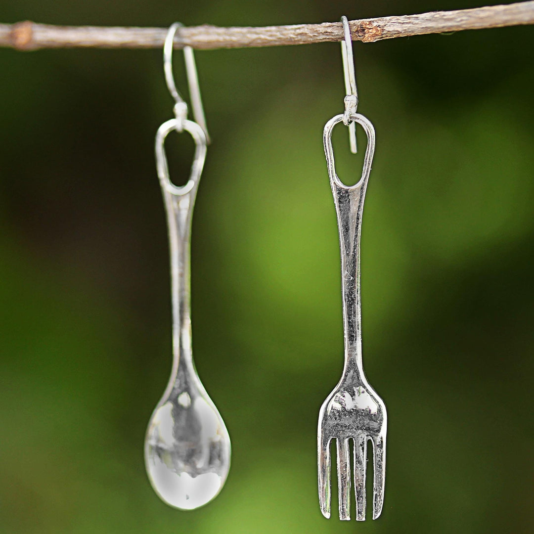 Fork and Spoon Sterling Silver Dangle Earrings from Thailand - Lunch Time