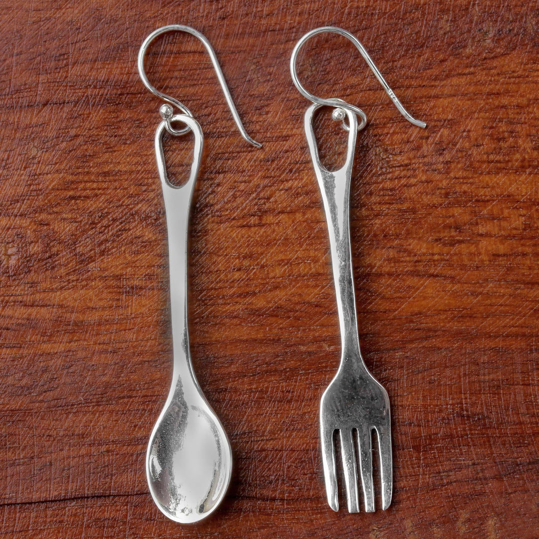 Fork and Spoon Sterling Silver Dangle Earrings from Thailand - Lunch Time
