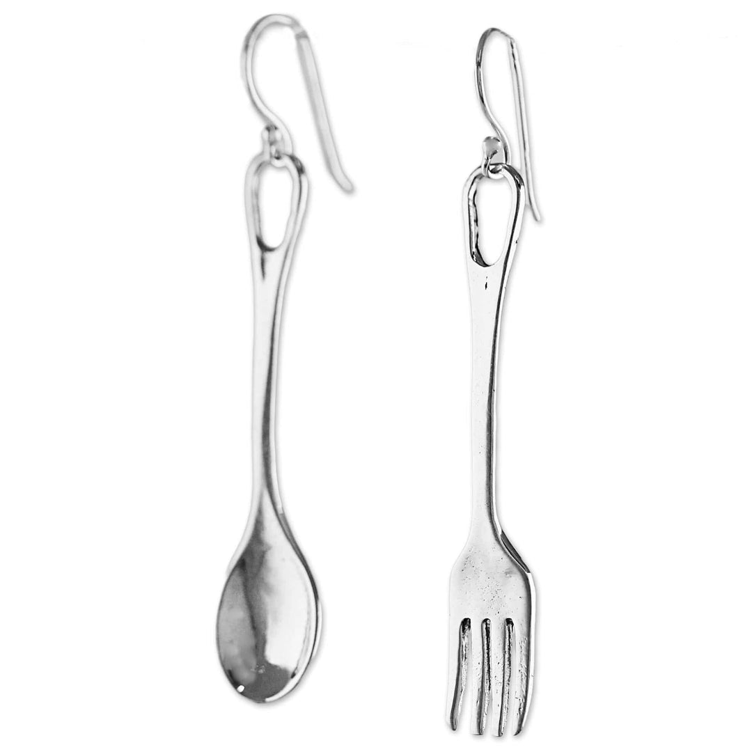 Fork and Spoon Sterling Silver Dangle Earrings from Thailand - Lunch Time