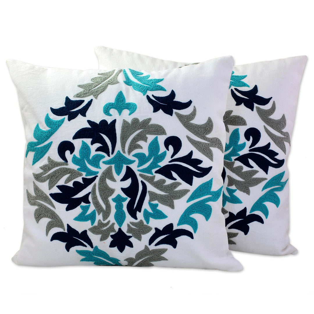 Embroidered Cotton Cushion Covers Made in India (Pair) - Fresh Leaves