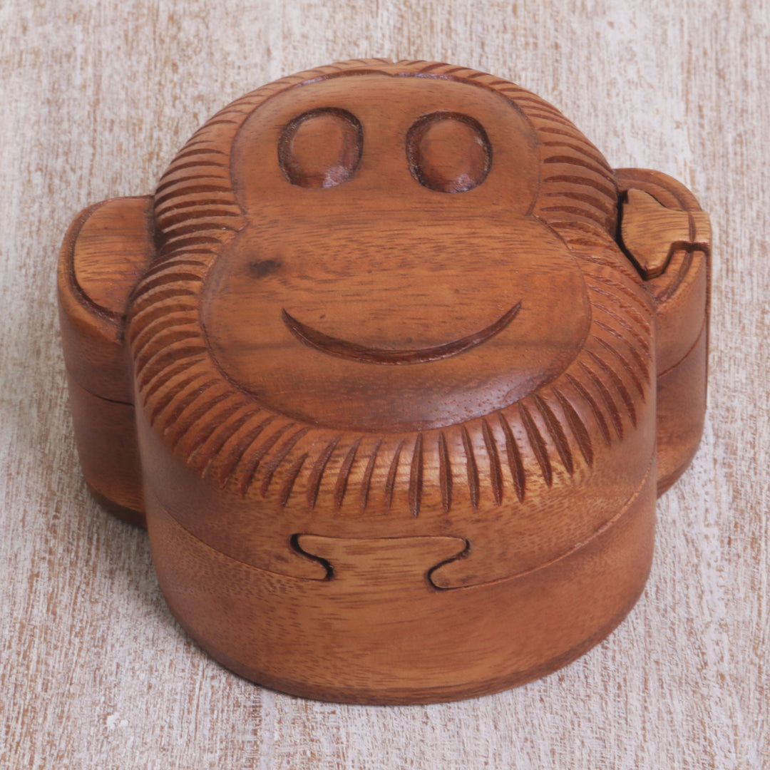 Hand Made Wood Puzzle Box Monkey Face from Indonesia - Happy Monkey