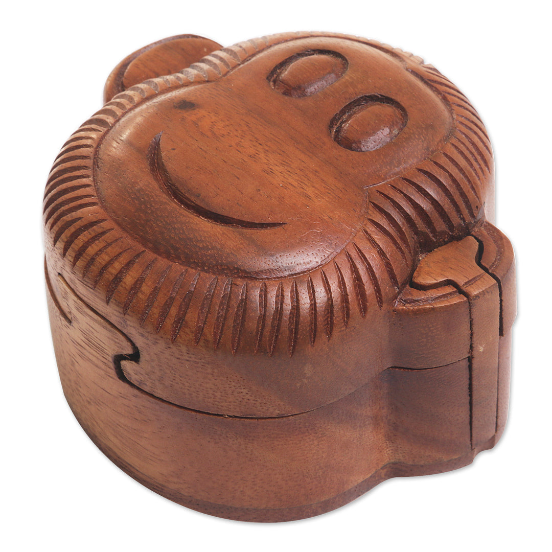 Hand Made Wood Puzzle Box Monkey Face from Indonesia - Happy Monkey