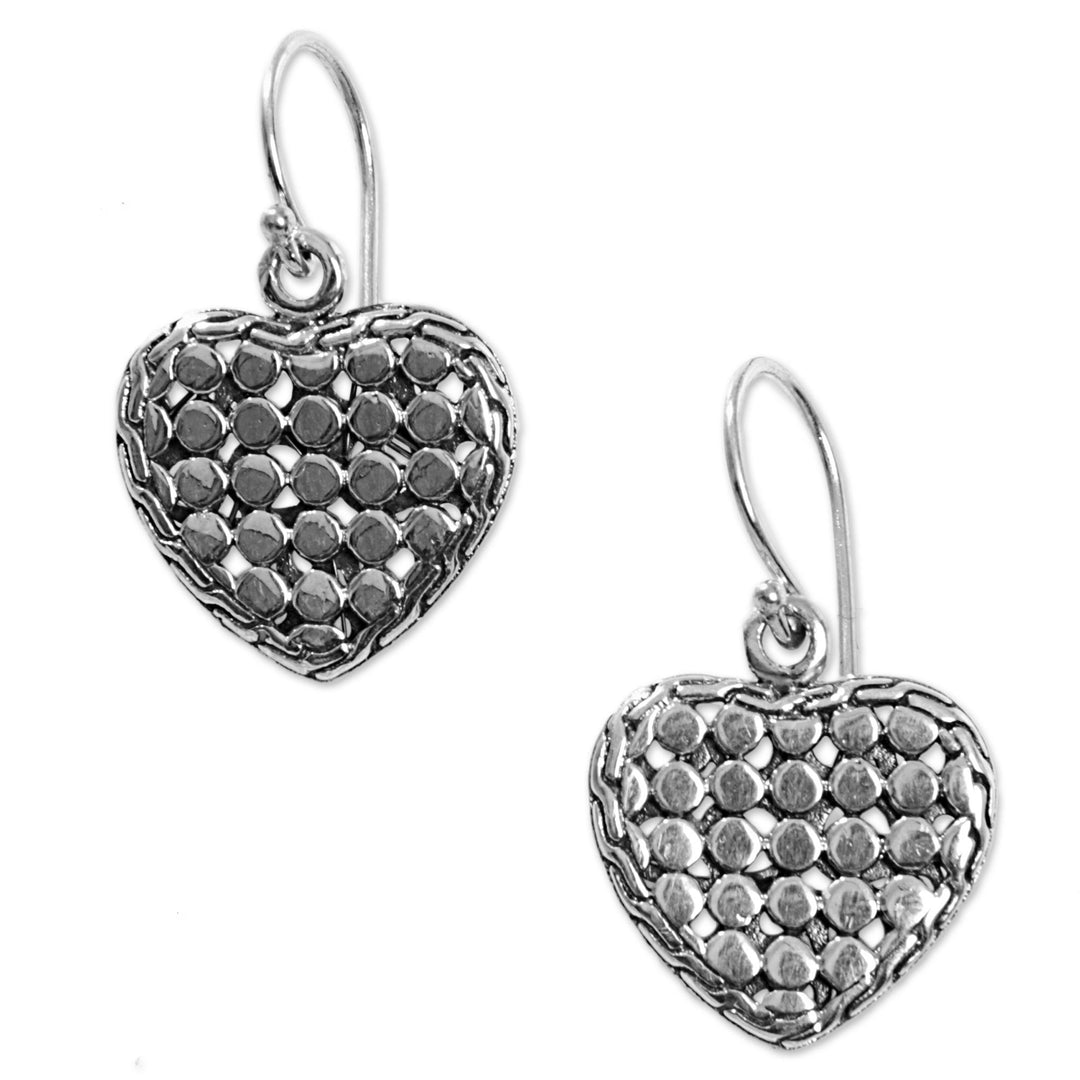Sterling Silver Heart Dangle Earrings Handmade in Indonesia - Heart of Steel