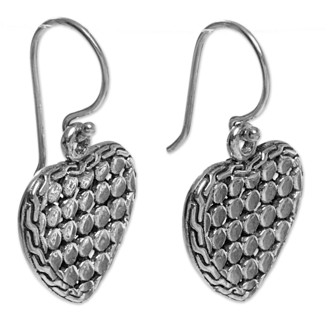 Sterling Silver Heart Dangle Earrings Handmade in Indonesia - Heart of Steel