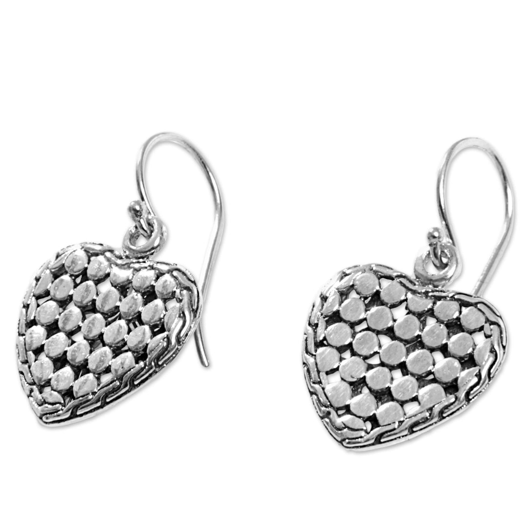 Sterling Silver Heart Dangle Earrings Handmade in Indonesia - Heart of Steel