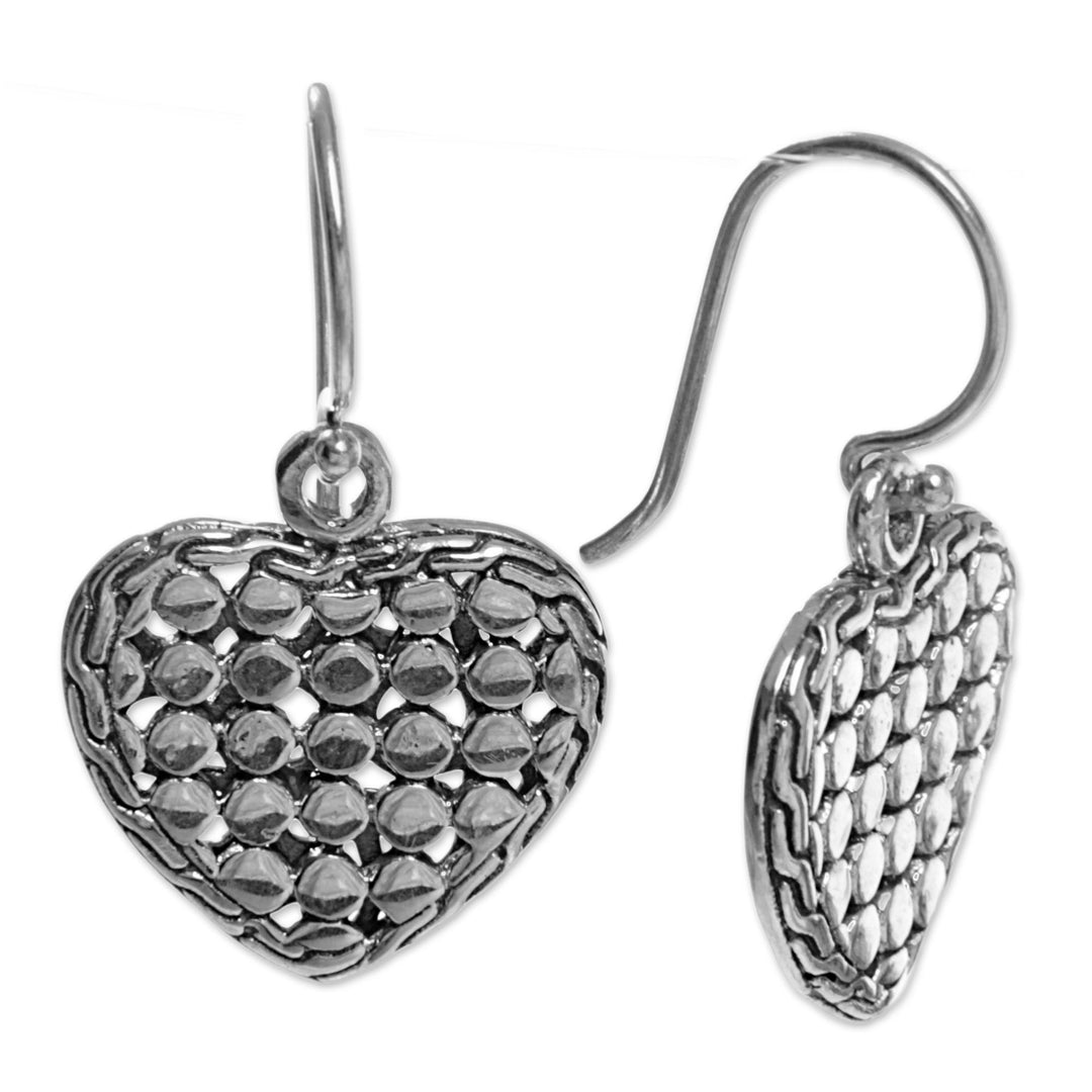 Sterling Silver Heart Dangle Earrings Handmade in Indonesia - Heart of Steel