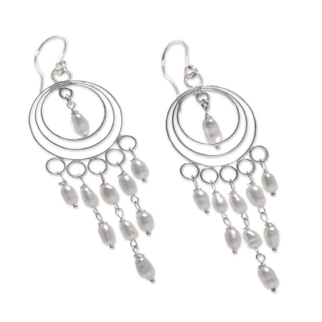 Sterling Silver and Cultured Pearl Chandelier Earrings - Moonlit Circles