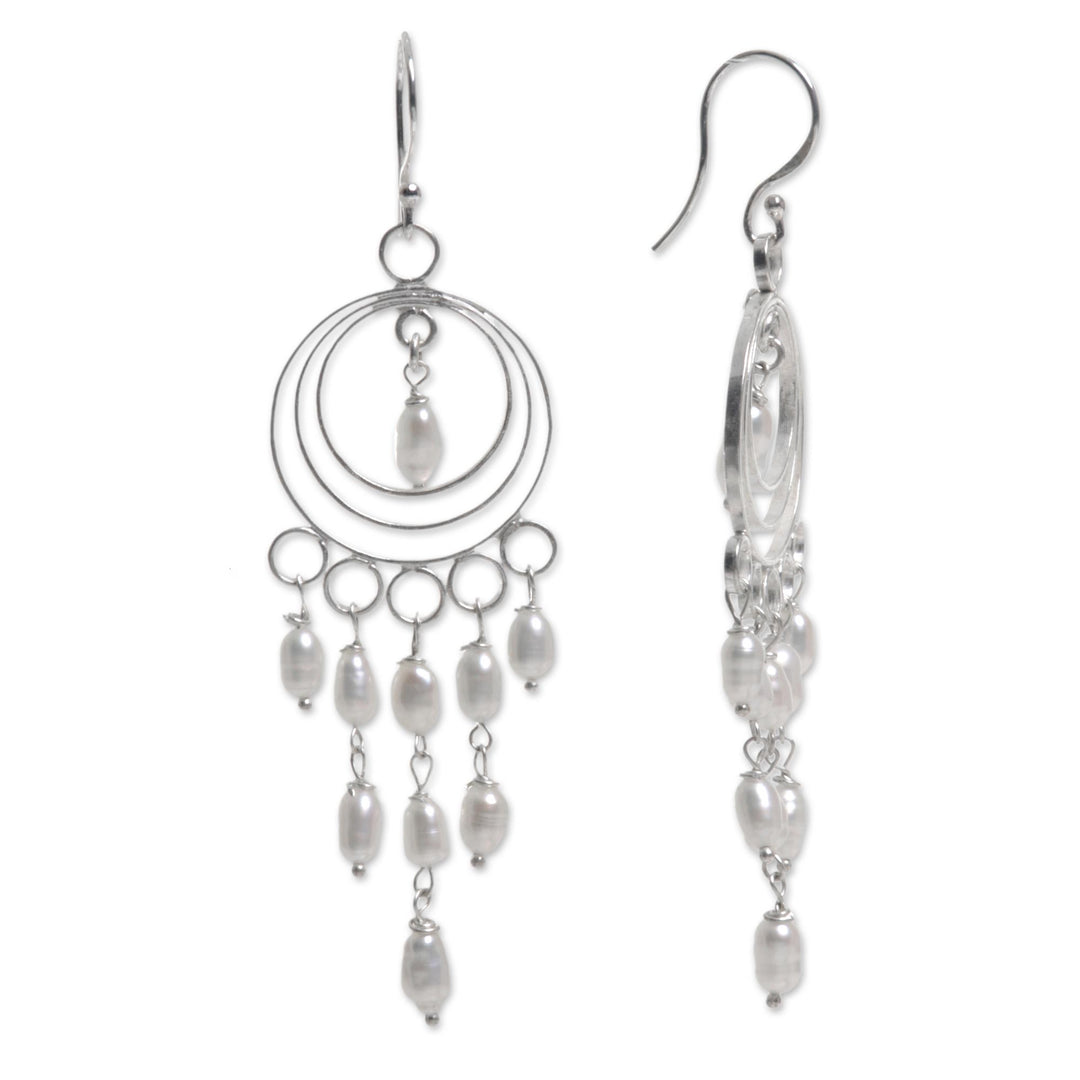 Sterling Silver and Cultured Pearl Chandelier Earrings - Moonlit Circles