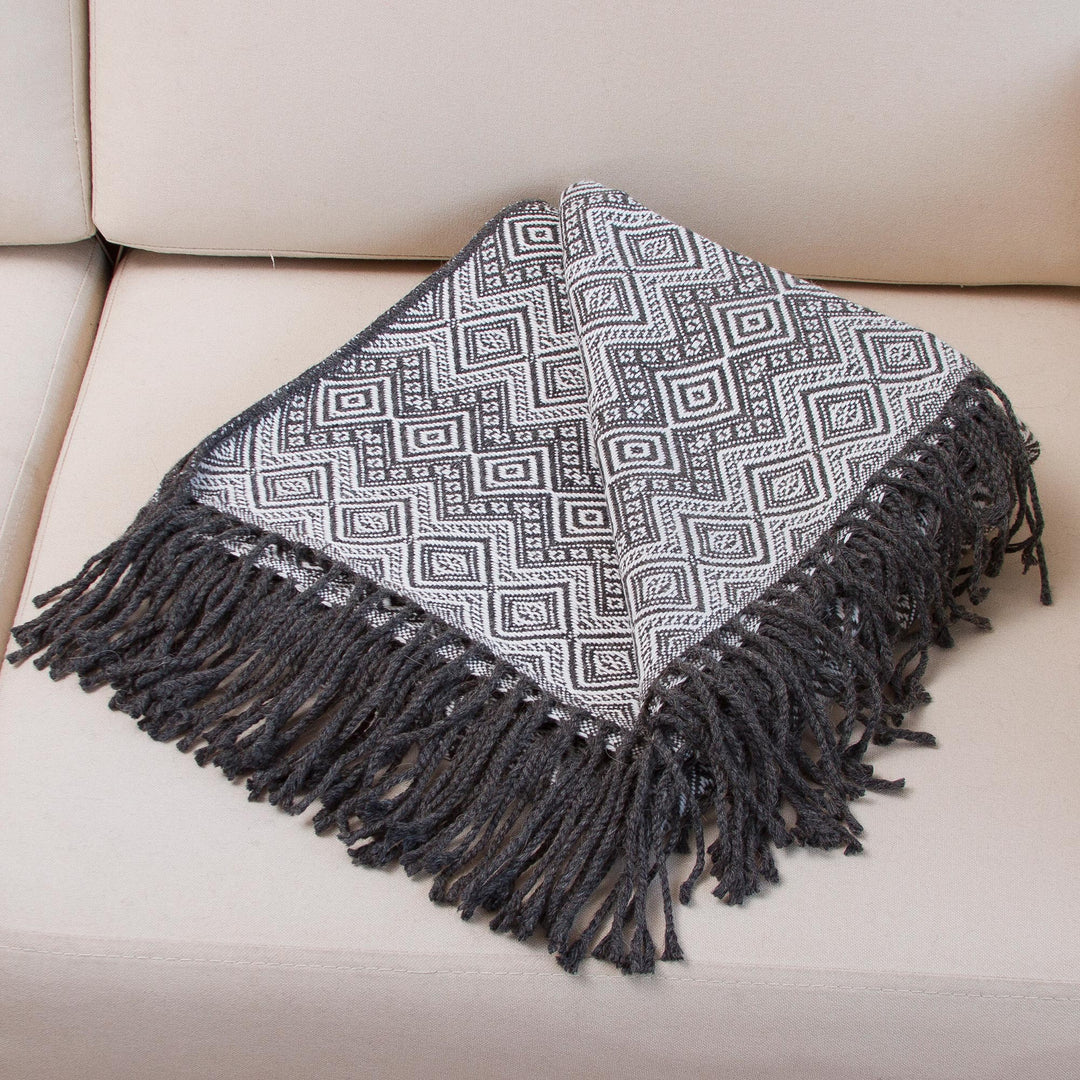 Alpaca Acrylic Blend Throw Blanket in Gunmetal and Eggshell - Gunmetal Diamonds