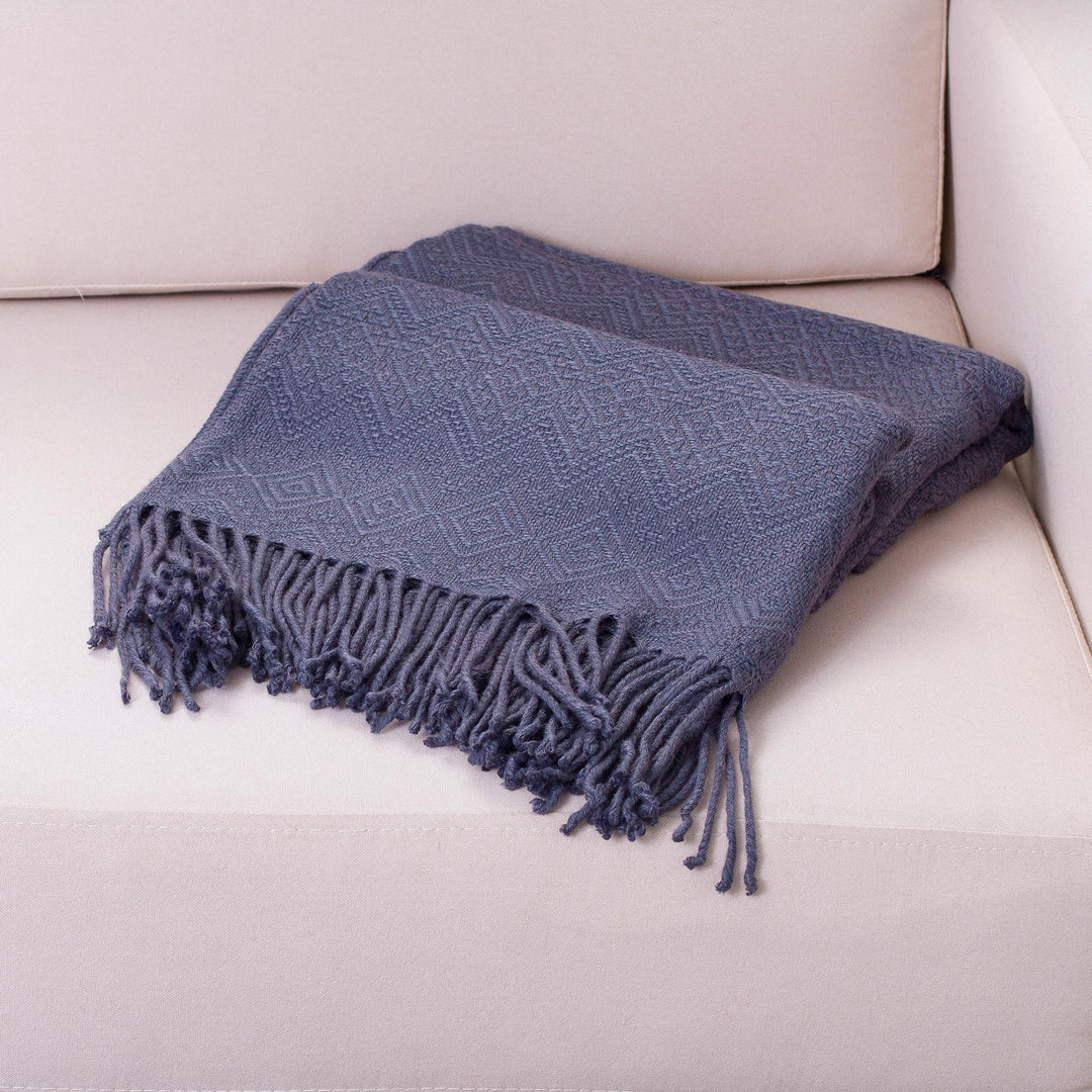Alpaca and AcrylicThrow Blanket with Fringe in Denim Blue - Puno Traditions in Blue