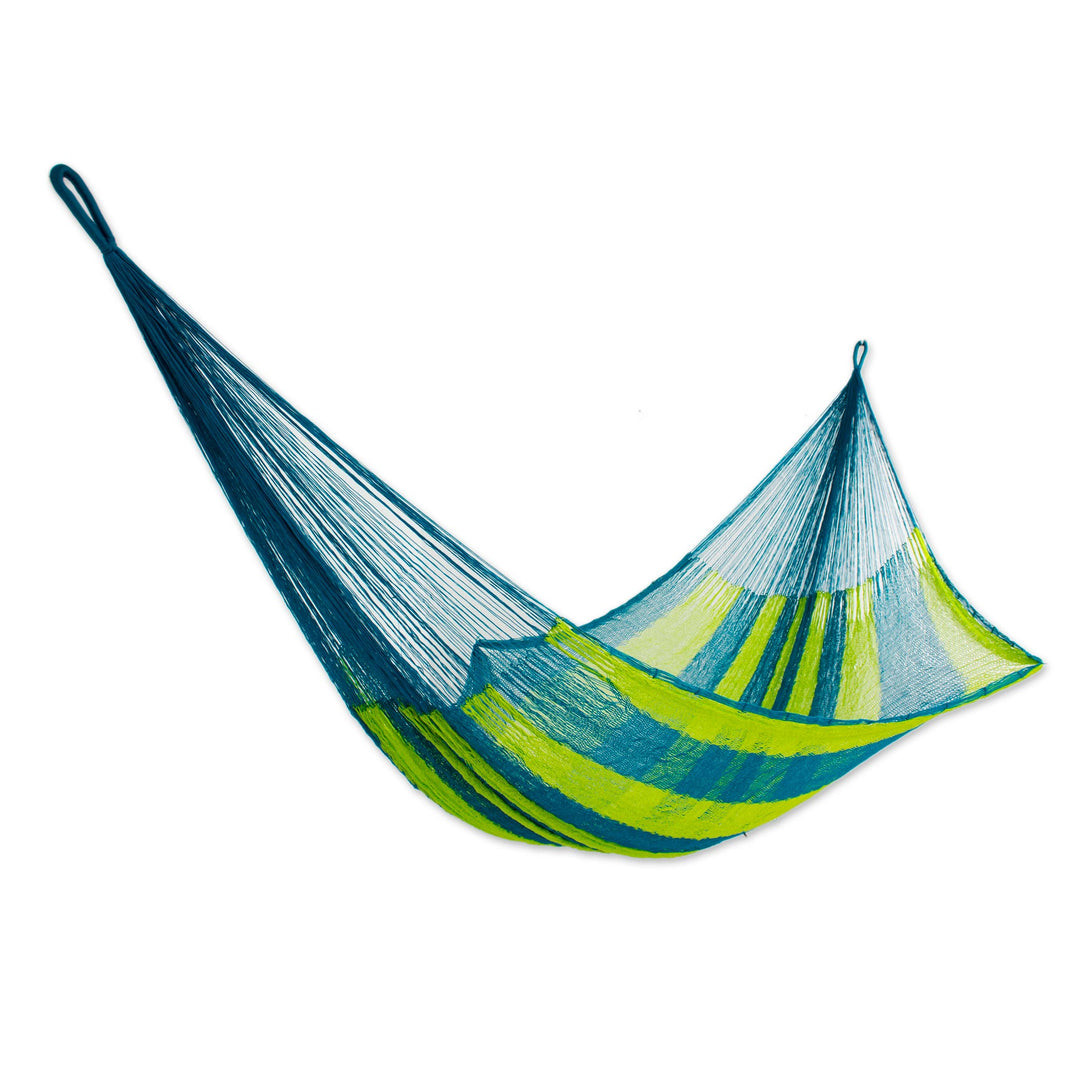 Neon Green and Blue Hand Woven Nylon Maya Hammock (Single) - Fluorescent Tropics