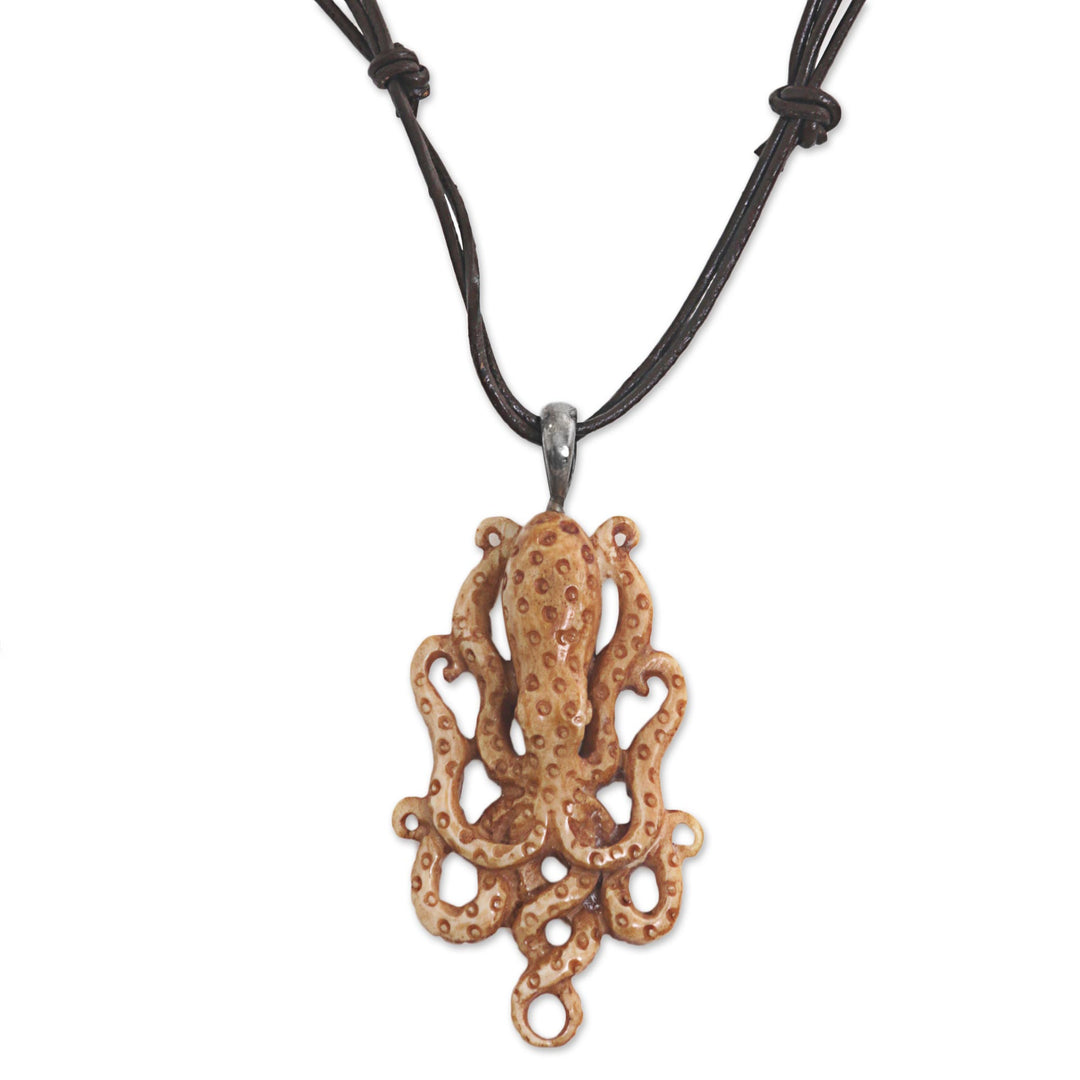 Hand Made Bone Pendant Necklace Octopus from Indonesia - Ocean Dweller