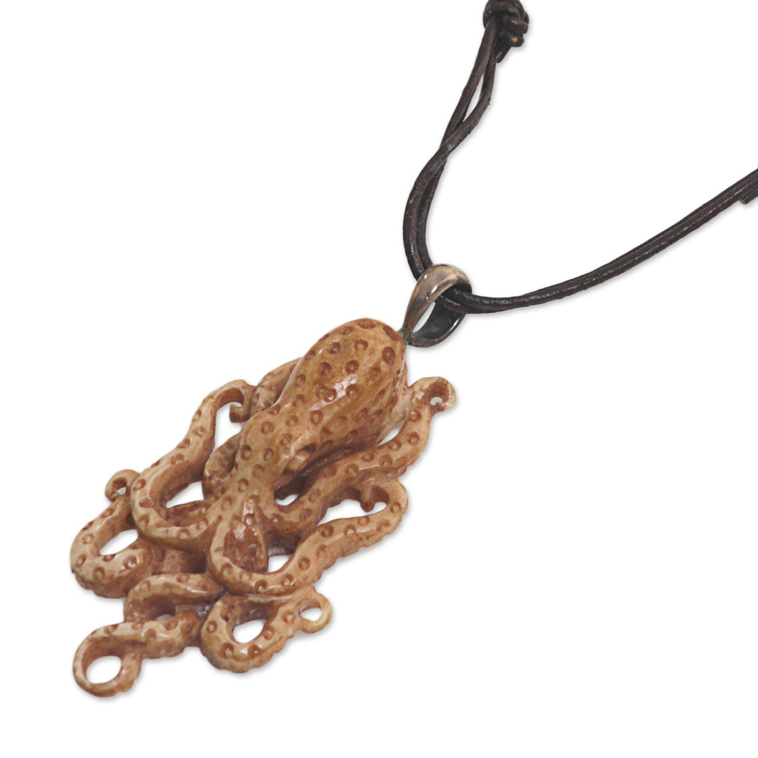 Hand Made Bone Pendant Necklace Octopus from Indonesia - Ocean Dweller
