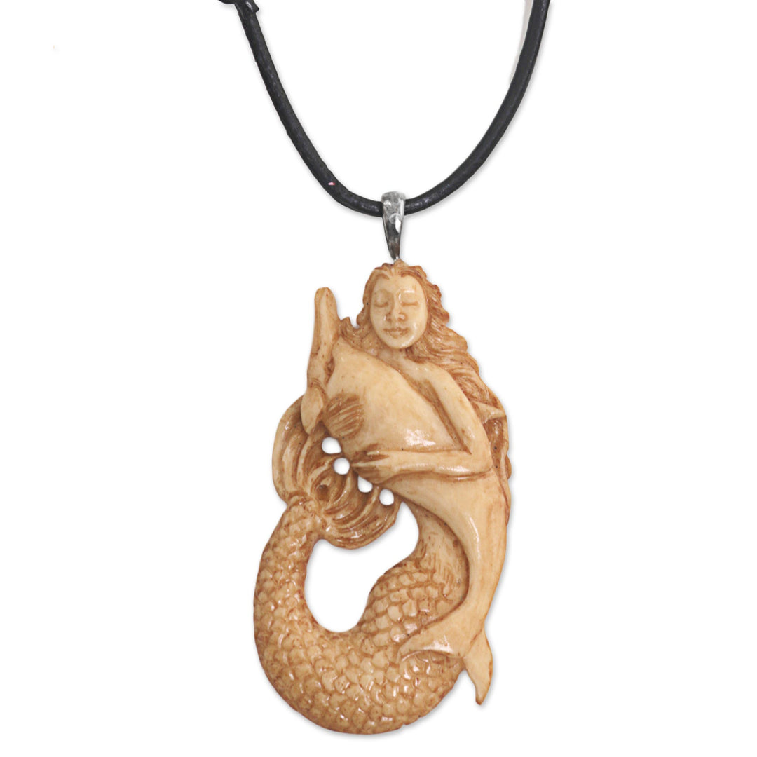 Hand Made Bone Pendant Necklace Mermaid Dolphin Indonesia - Mermaid and Dolphin