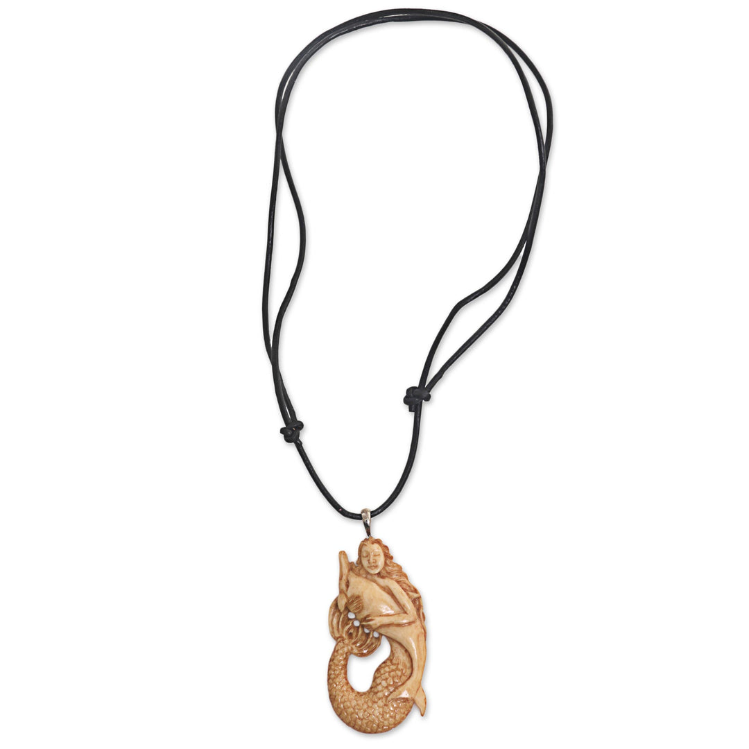 Hand Made Bone Pendant Necklace Mermaid Dolphin Indonesia - Mermaid and Dolphin