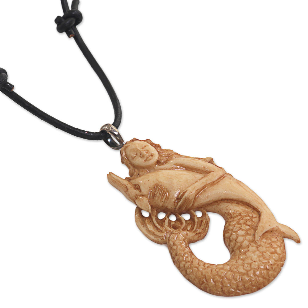 Hand Made Bone Pendant Necklace Mermaid Dolphin Indonesia - Mermaid and Dolphin