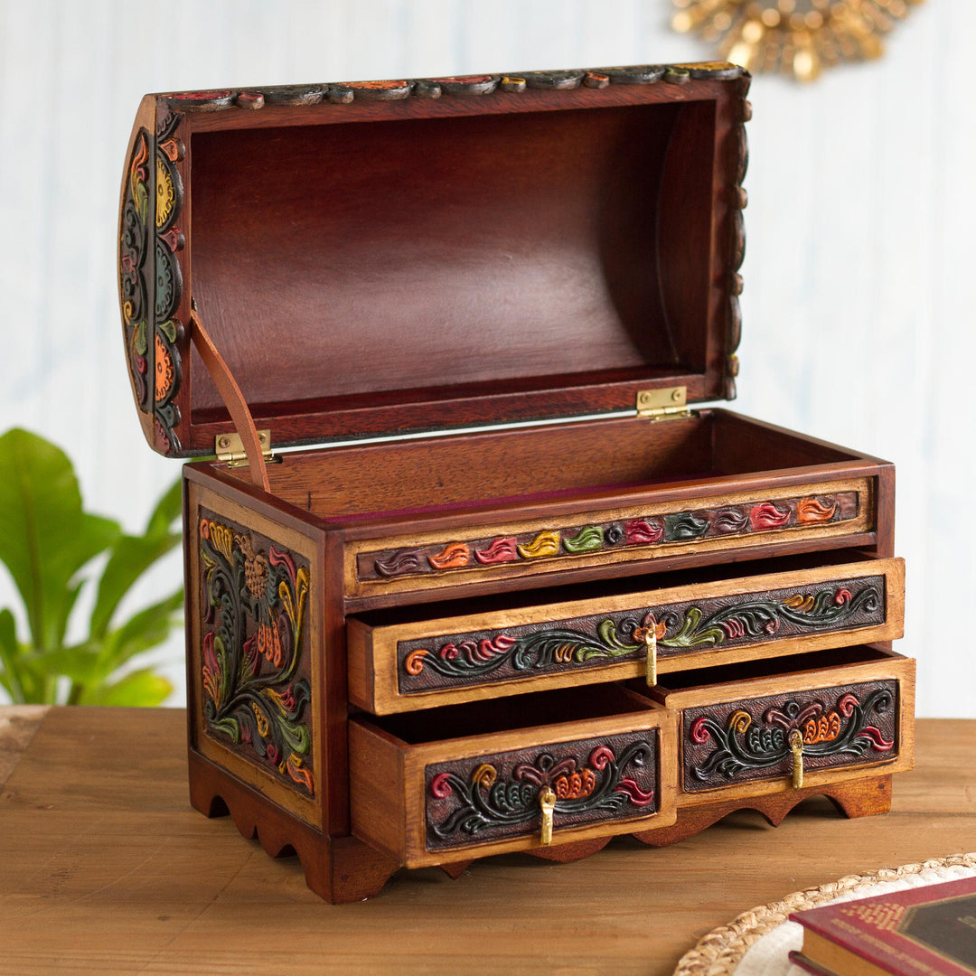 Multicolor Wood and Leather Jewelry Box from Peru - Antique Treasure