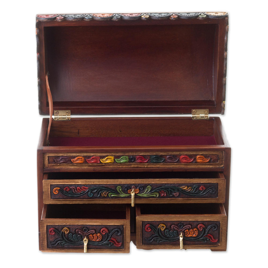 Multicolor Wood and Leather Jewelry Box from Peru - Antique Treasure