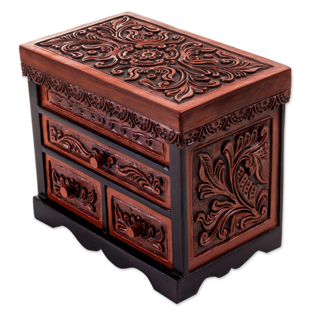Cedar Wood and Leather Jewelry Box with Mirror from Peru - Symbolic Leaves