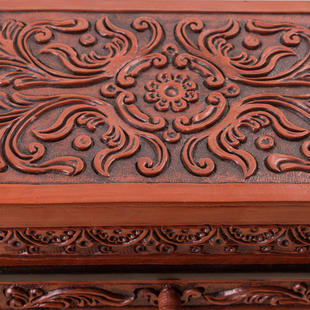 Cedar Wood and Leather Jewelry Box with Mirror from Peru - Symbolic Leaves