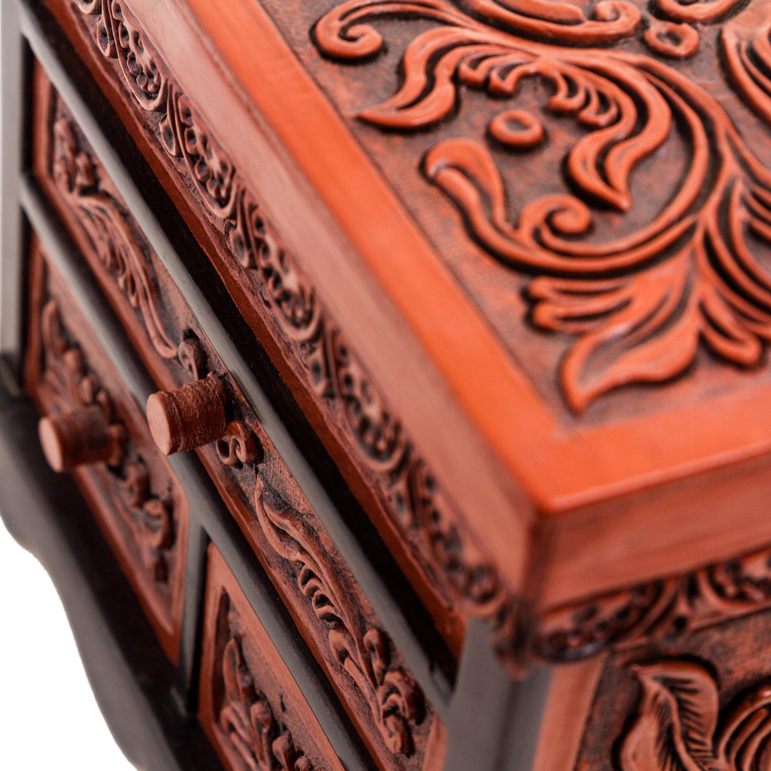 Cedar Wood and Leather Jewelry Box with Mirror from Peru - Symbolic Leaves