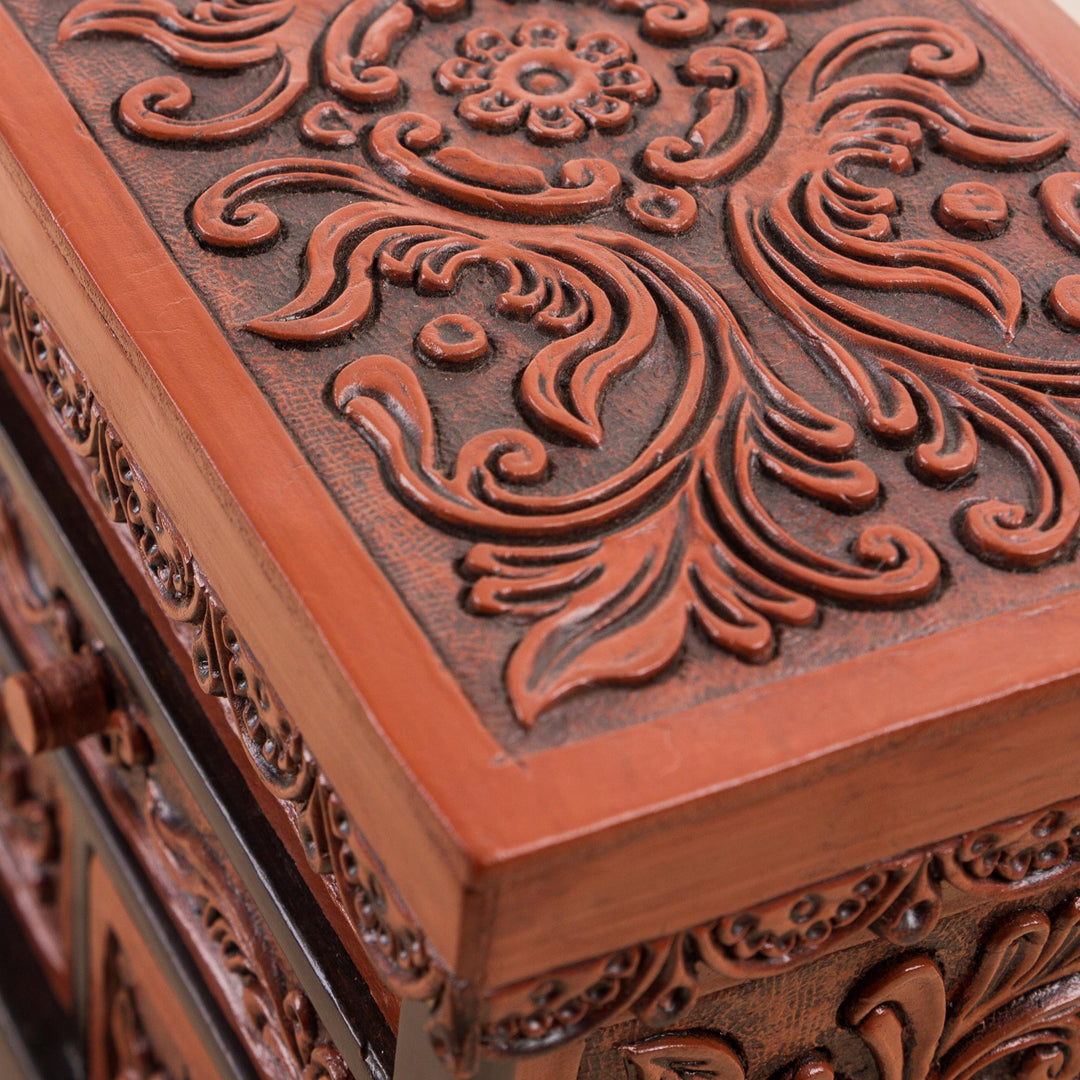 Cedar Wood and Leather Jewelry Box with Mirror from Peru - Symbolic Leaves