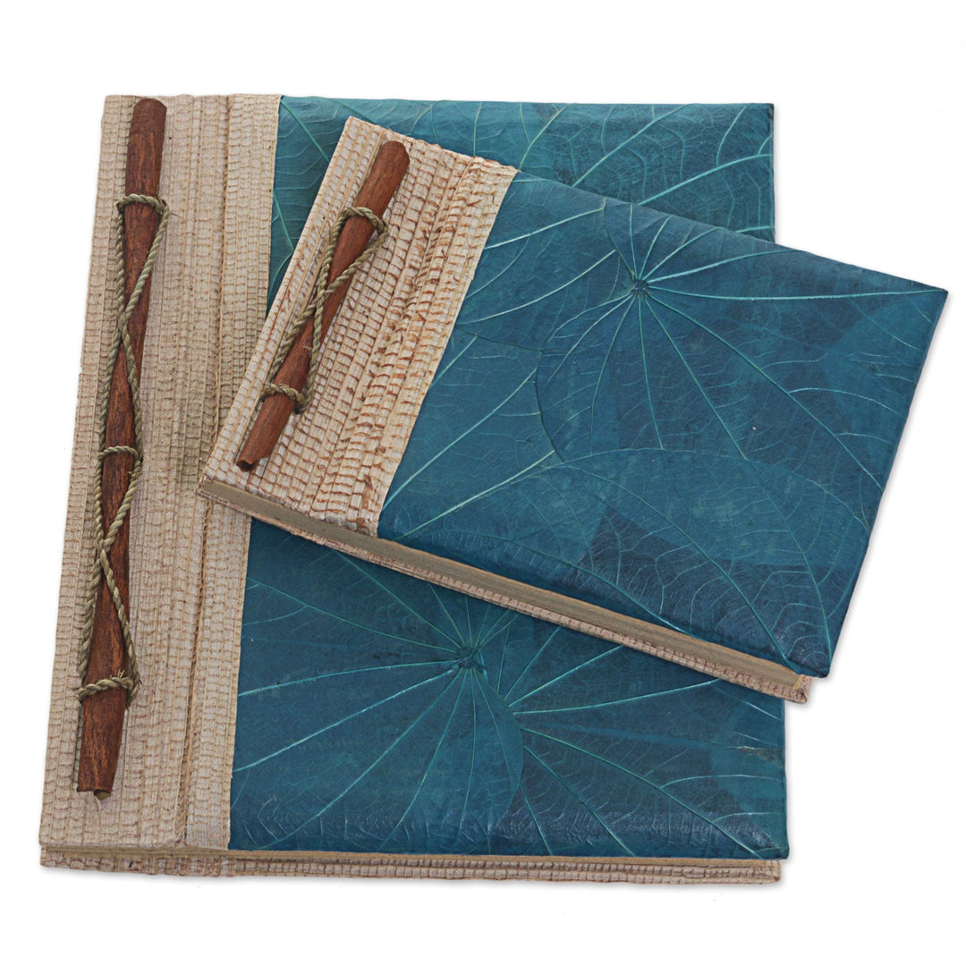 Handcrafted Pair of Rice Paper Notebooks from Indonesia - Autumn Spirit in Blue