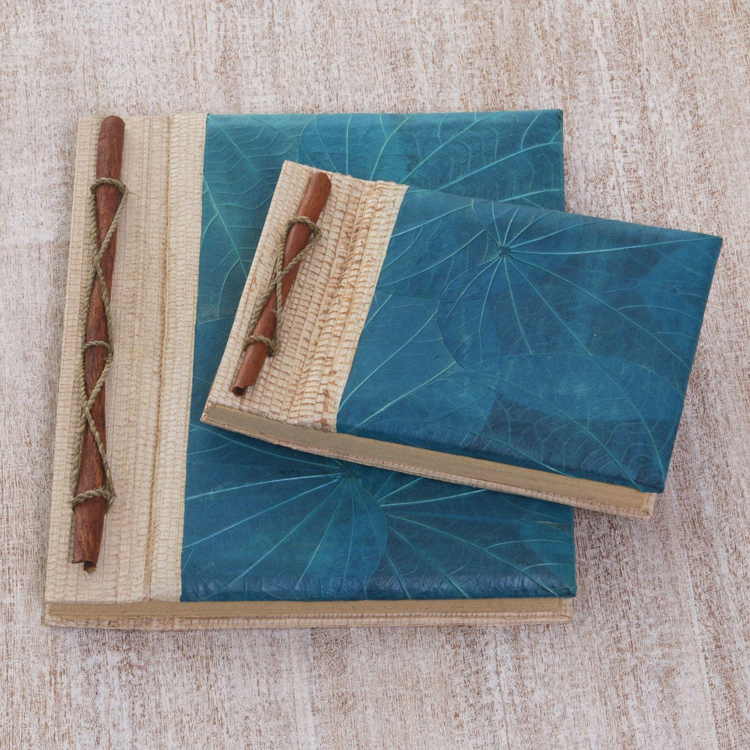Handcrafted Pair of Rice Paper Notebooks from Indonesia - Autumn Spirit in Blue