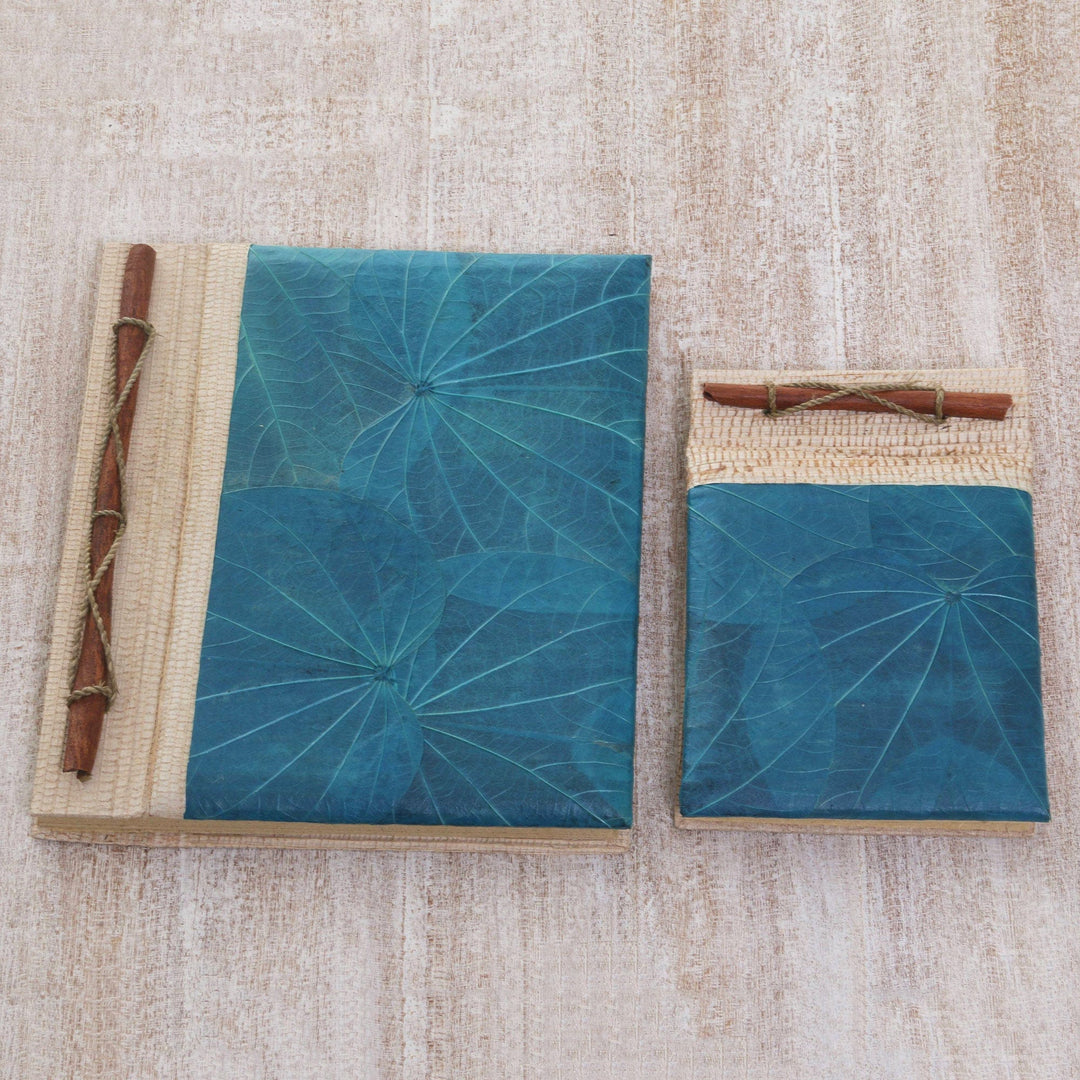 Handcrafted Pair of Rice Paper Notebooks from Indonesia - Autumn Spirit in Blue