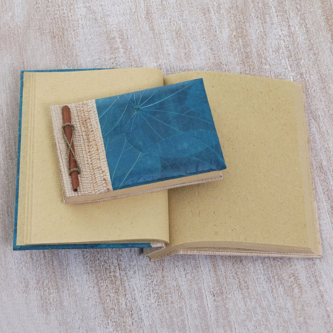 Handcrafted Pair of Rice Paper Notebooks from Indonesia - Autumn Spirit in Blue