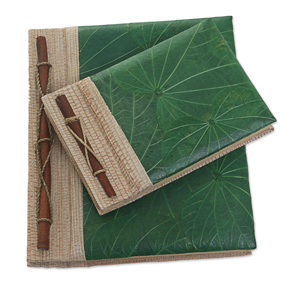 Handcrafted Pair of Rice Paper Notebooks from Indonesia - Autumn Spirit in Green