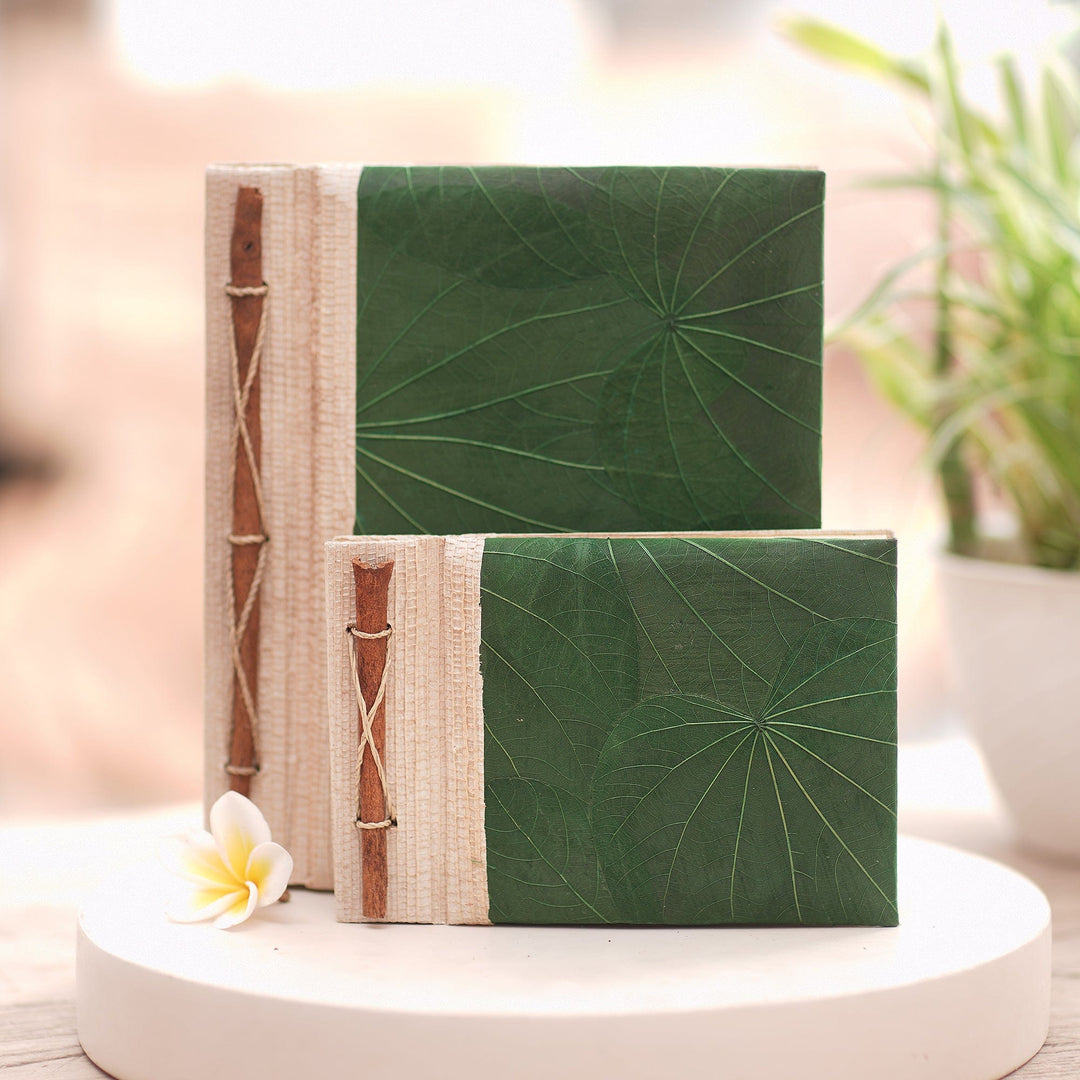 Handcrafted Pair of Rice Paper Notebooks from Indonesia - Autumn Spirit in Green