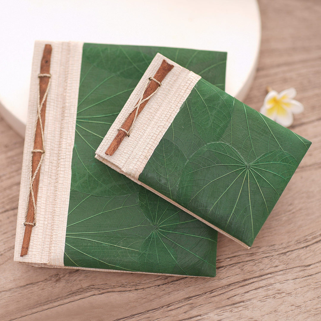 Handcrafted Pair of Rice Paper Notebooks from Indonesia - Autumn Spirit in Green