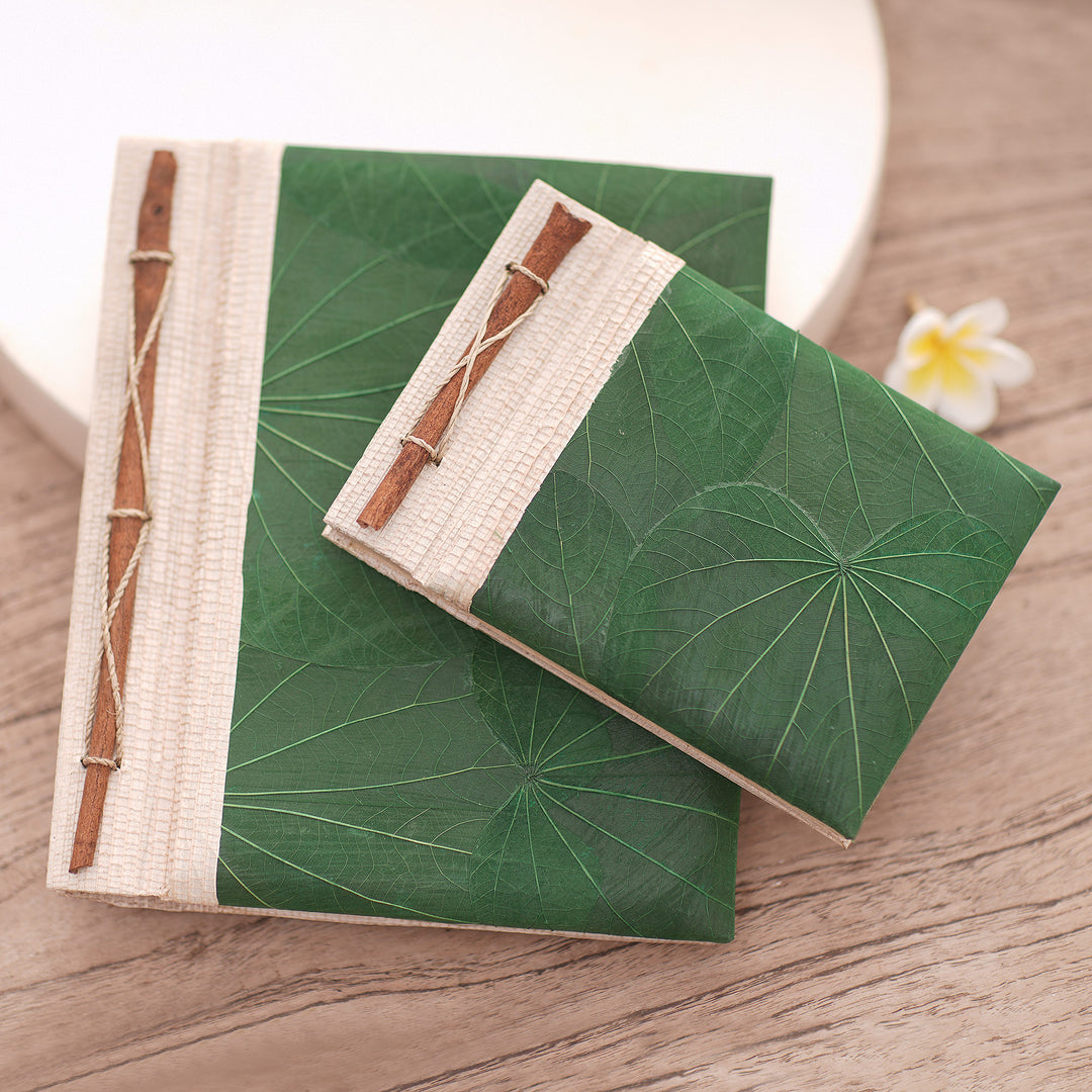 Handcrafted Pair of Rice Paper Notebooks from Indonesia - Autumn Spirit in Green