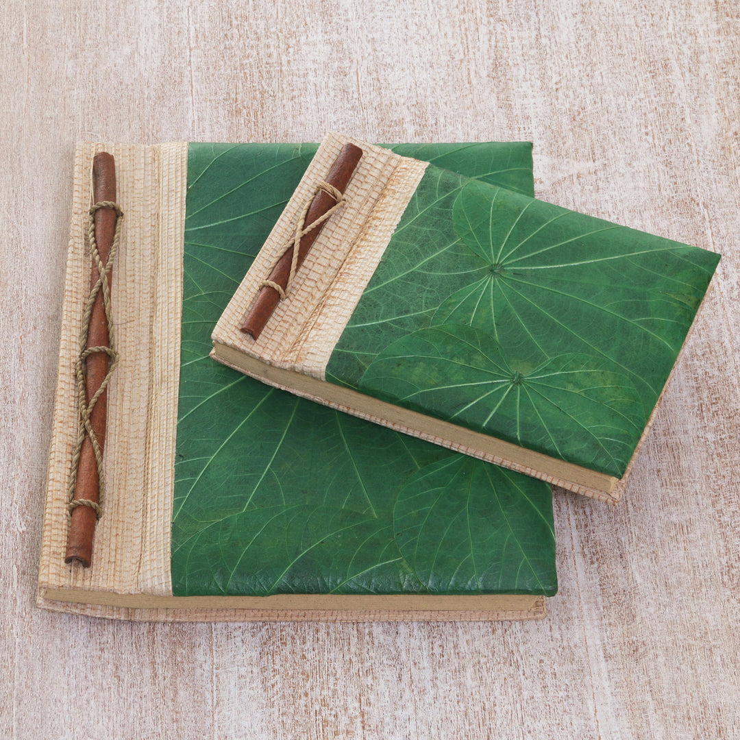 Handcrafted Pair of Rice Paper Notebooks from Indonesia - Autumn Spirit in Green