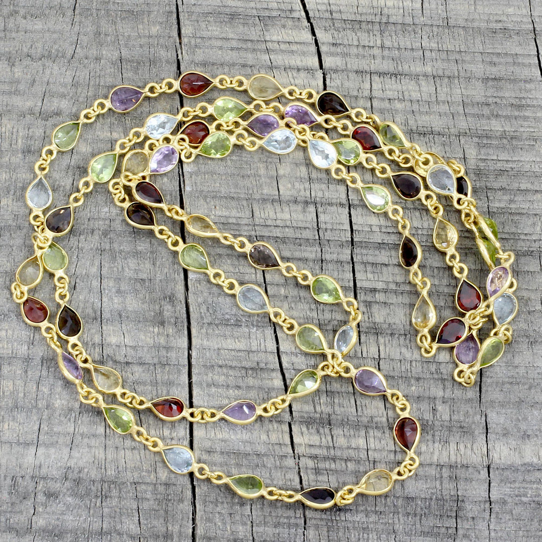 Hand Crafted Gold Plated Multigem Link Necklace from India - Gemstone Romance