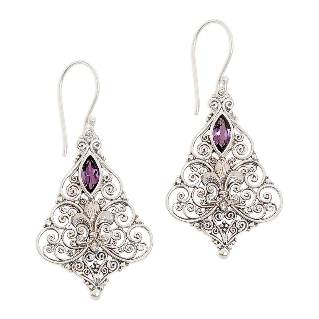 Sterling Silver Amethyst Dangle Earrings from Indonesia - Purple Fleur-de-Lis