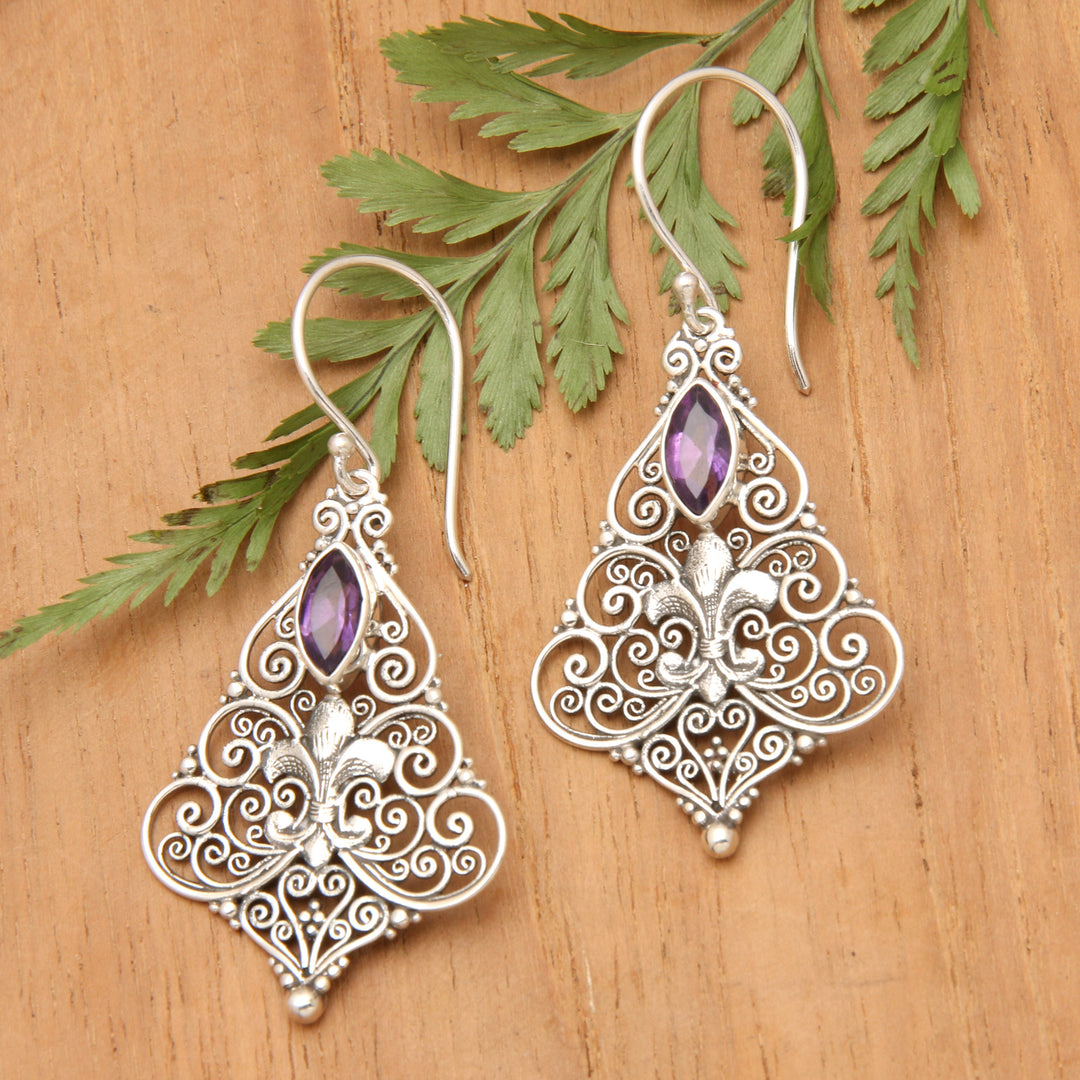 Sterling Silver Amethyst Dangle Earrings from Indonesia - Purple Fleur-de-Lis
