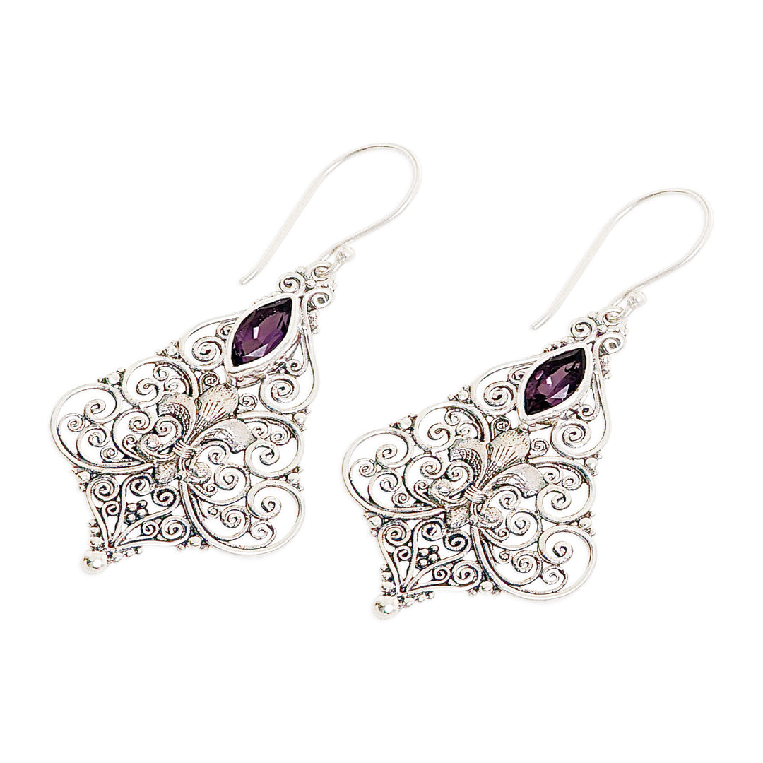 Sterling Silver Amethyst Dangle Earrings from Indonesia - Purple Fleur-de-Lis