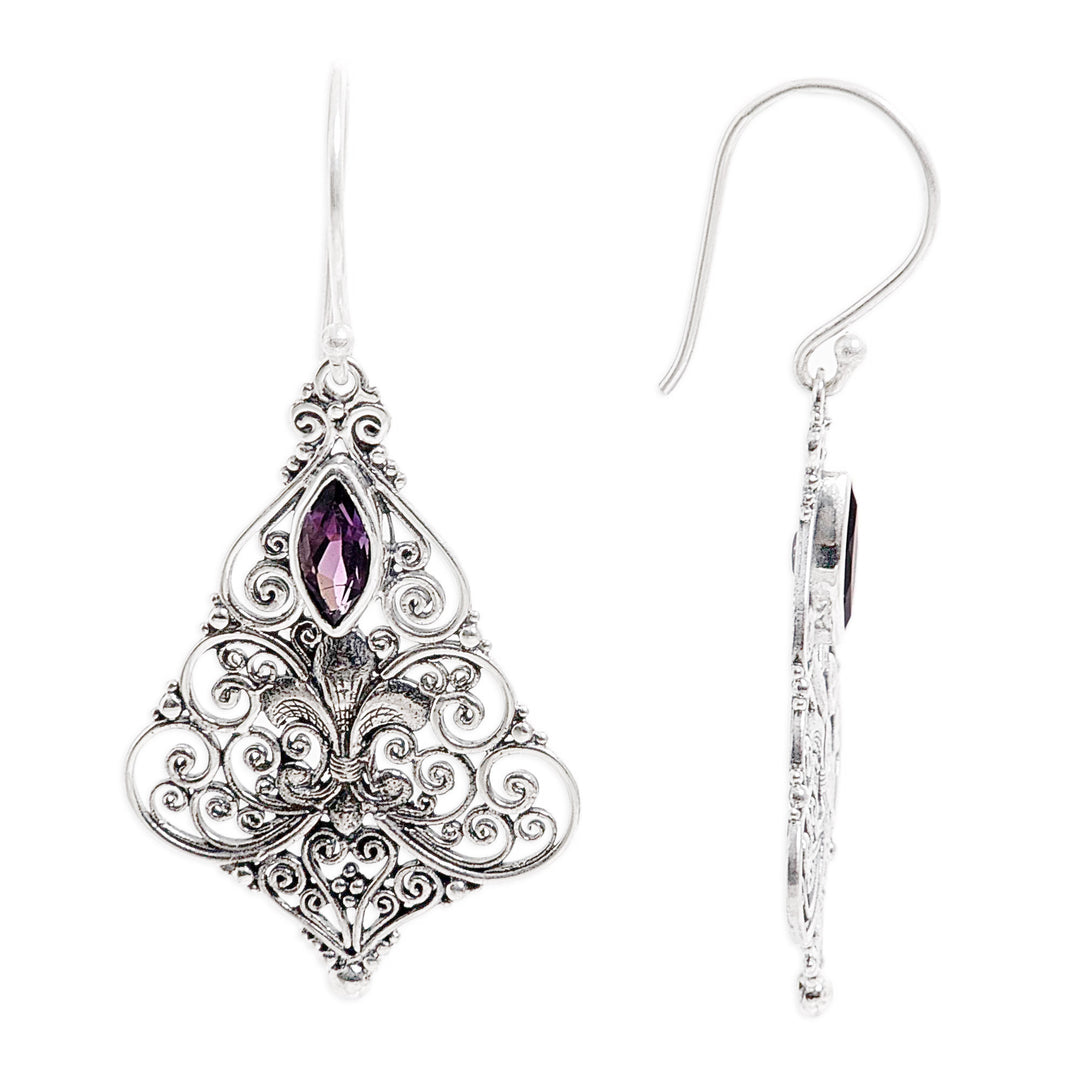 Sterling Silver Amethyst Dangle Earrings from Indonesia - Purple Fleur-de-Lis