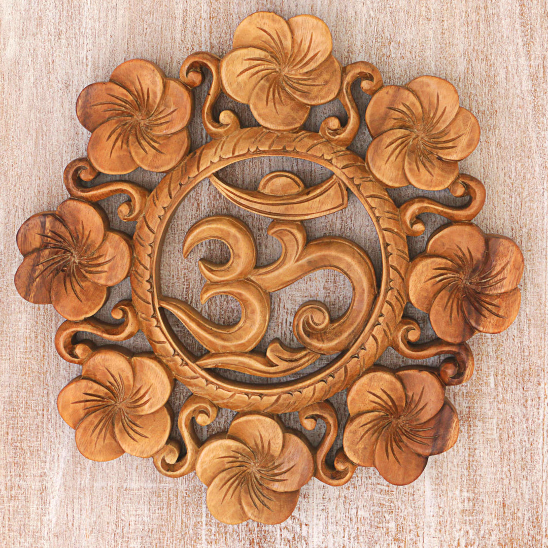 Suar Wood Wall Relief Panel Floral Om from Indonesia - Blooming Om