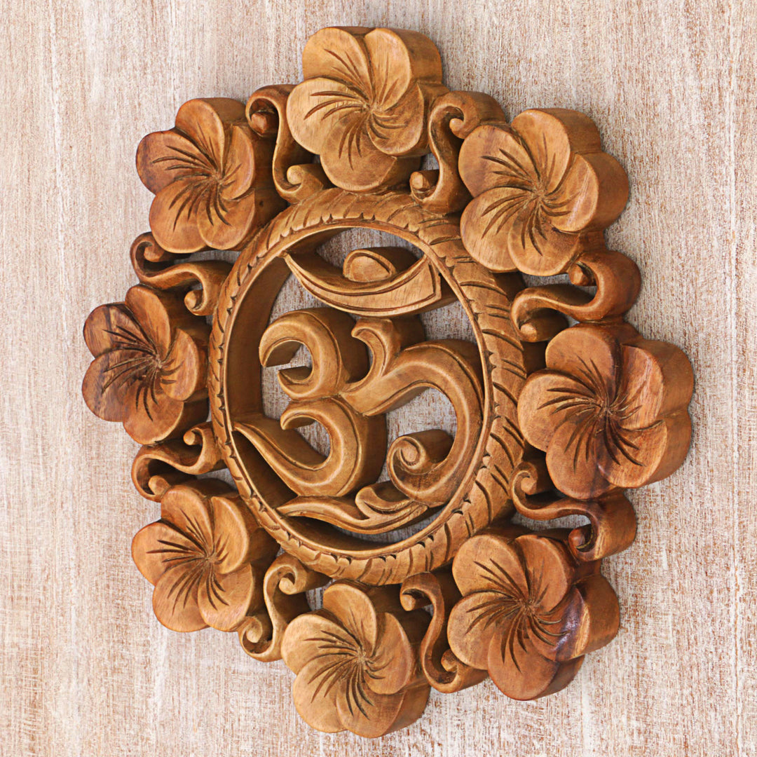 Suar Wood Wall Relief Panel Floral Om from Indonesia - Blooming Om