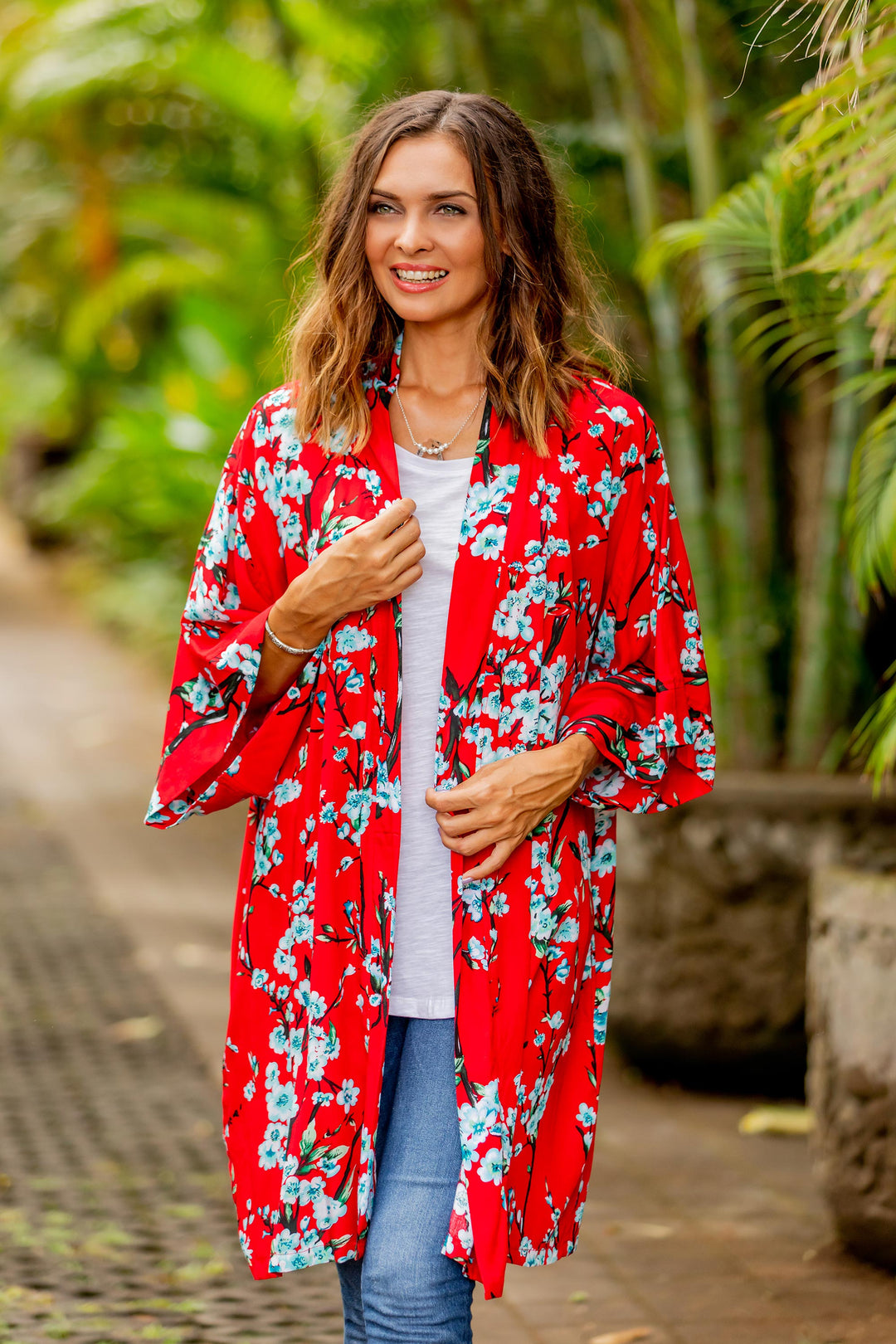 Floral Rayon Robe in Candy Apple and Ivory from Indonesia - Holy Jasmine
