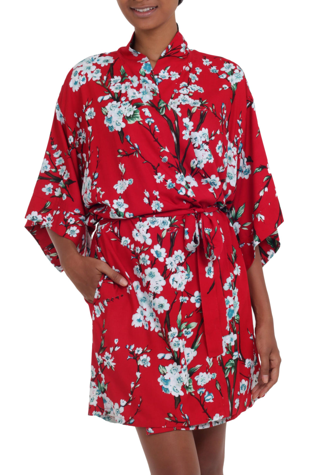 Floral Rayon Robe in Candy Apple and Ivory from Indonesia - Holy Jasmine