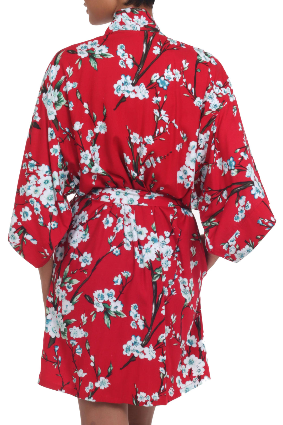 Floral Rayon Robe in Candy Apple and Ivory from Indonesia - Holy Jasmine